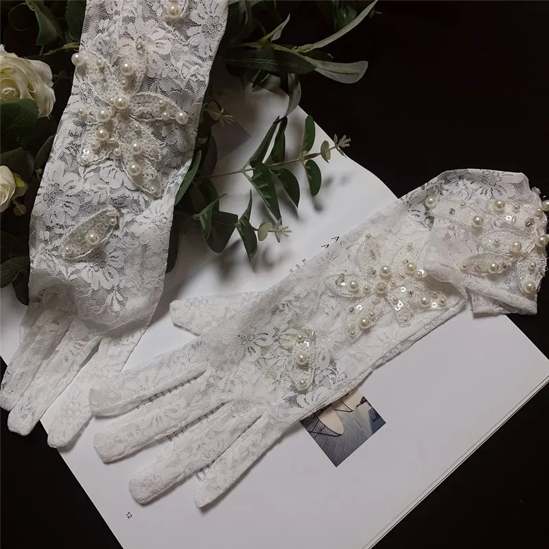 Women's Elegant Pearl Beaded White Long Lace Glove Female Spring Summer Vintage Sunscreen Driving Photograph Party Glove R1891