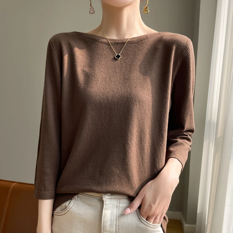 Women\'s T-shirt Summer Worsted Knitwear Casual Sweater Three Quarter Sleeves Boat Collar Ladies Tops Loose Blouse Pullover Tees