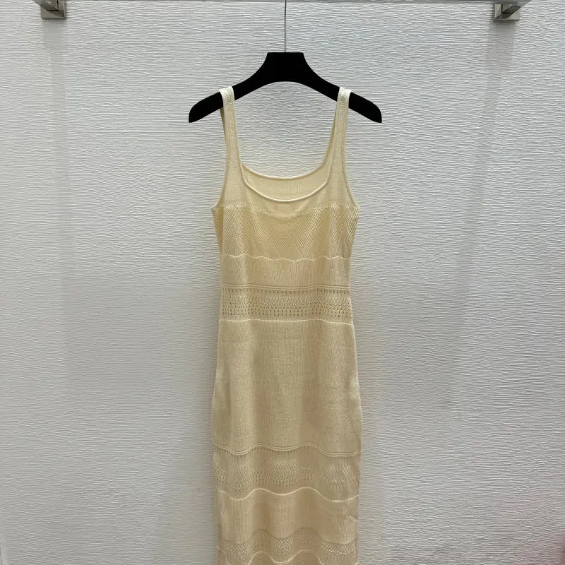 Women Solid Minimalist Round Neck Hollow Out Crochet Knitted Sleeveless Slip Dress