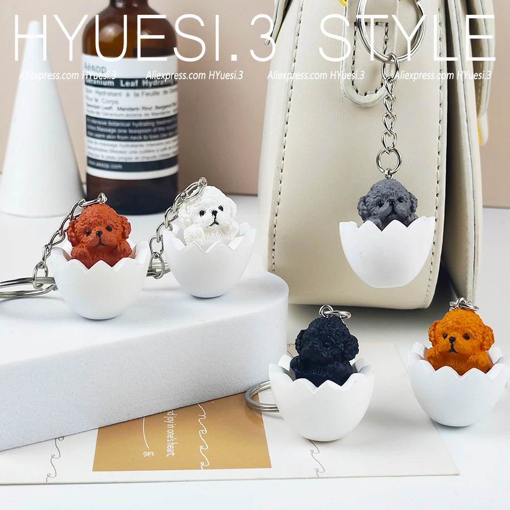 Cute Eggshell Dog Keychain Cartoon Teddy Pendant With Key Holder For Women Girls Handbag Backpack Accessories Pet Lover Gifts