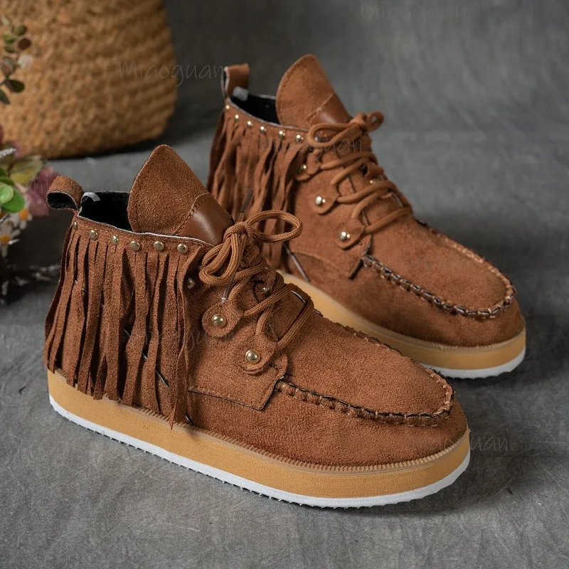 Short Plush Thick-sole Women's Ankle Boots Tassels Suede Leather Autumn Winter Bootie Comfortable Shoes Plus Size 36-43 Botines
