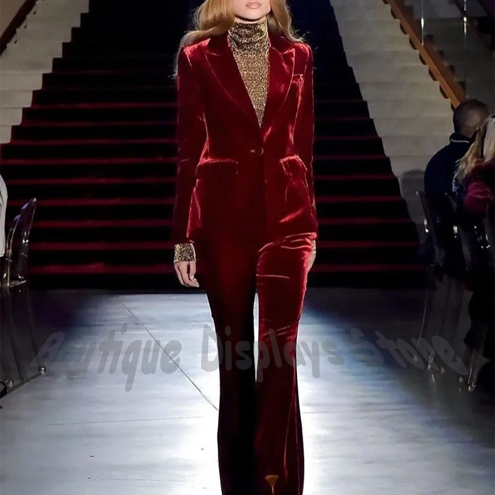 High Quality Velvet Suit For Women Elegant Two Pieces Set Classic Design Peak Lapel Slim Fashion Show Banquet Female Outfit