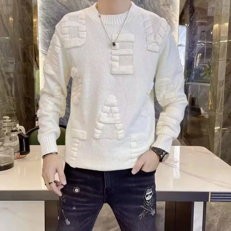 Fashion O-Neck Solid Color Letter Sweaters Men's Clothing 2023 Autumn Winter Loose Knitted Casual Pullovers All-match Tops