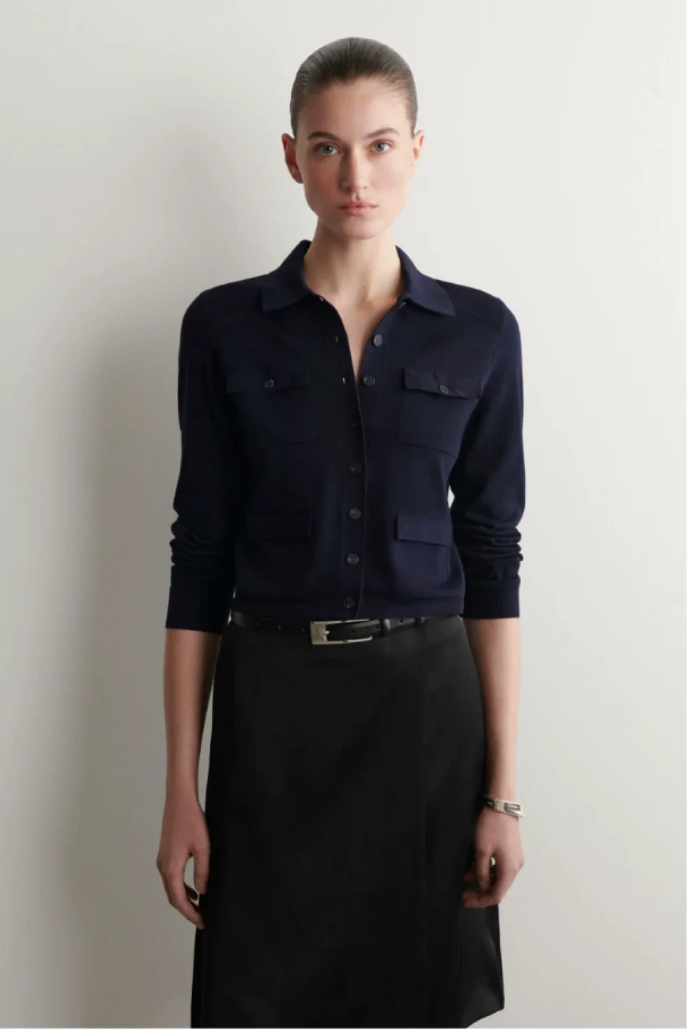 XIMIAN APPAREL 2026 Traf Cos Spring New Style of Women's Casual Shaping Style Pocket Knitted Cardigan in Navy Blue