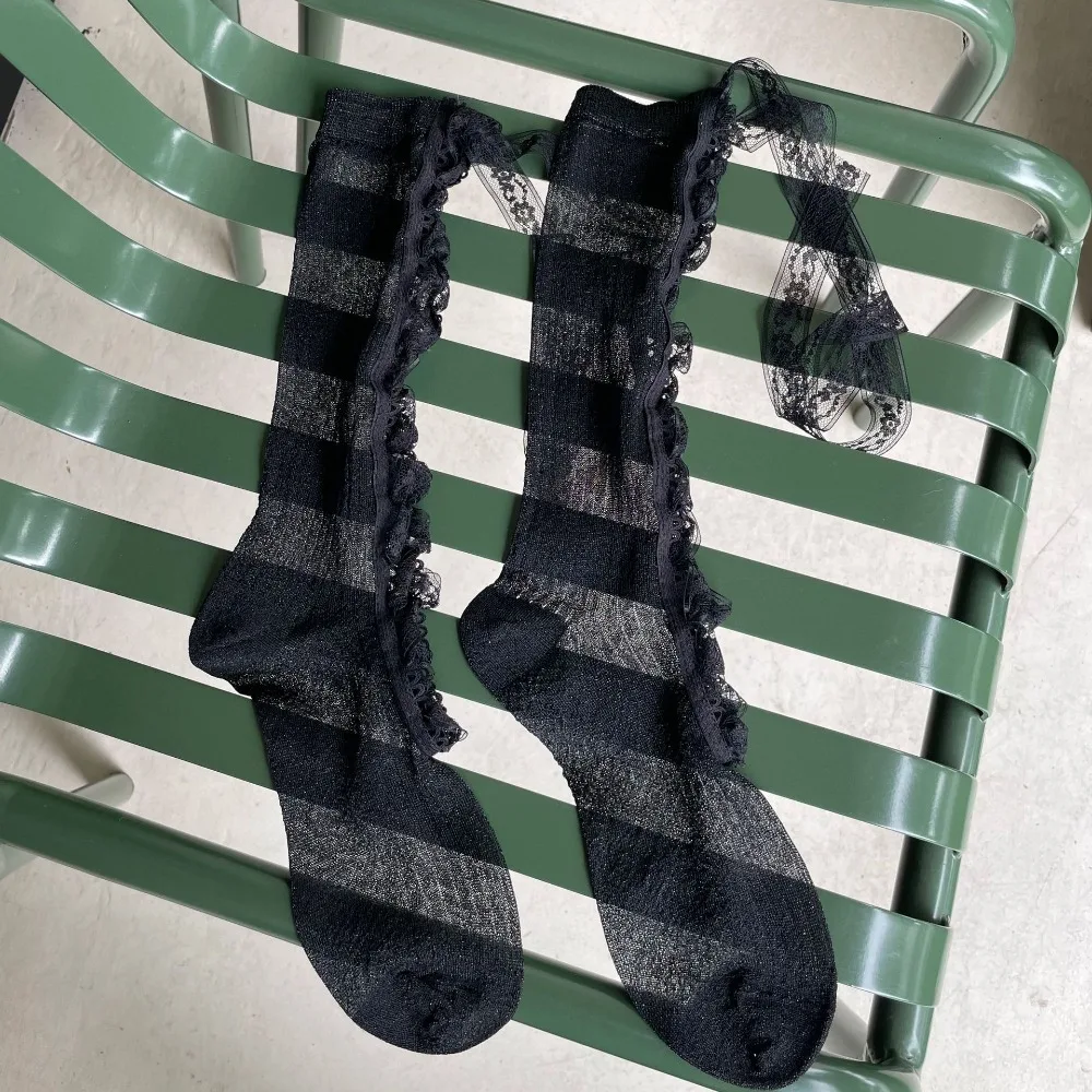 

Comfortable Thin Lolita Lace Socks Hollow Out Bowknot Short Stockings JK Lace-up Mid Calf Socks Female