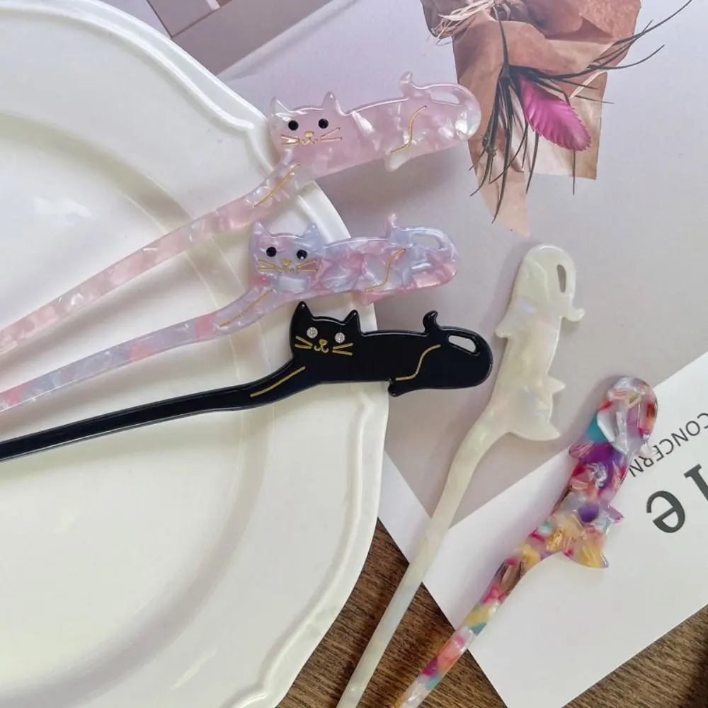 Elegant Cat Shape Cartoon Hair Chopsticks Colorful Hair Accessories Acetic Acid Hair Stick Hairpin Retro Hair Fork Ladies