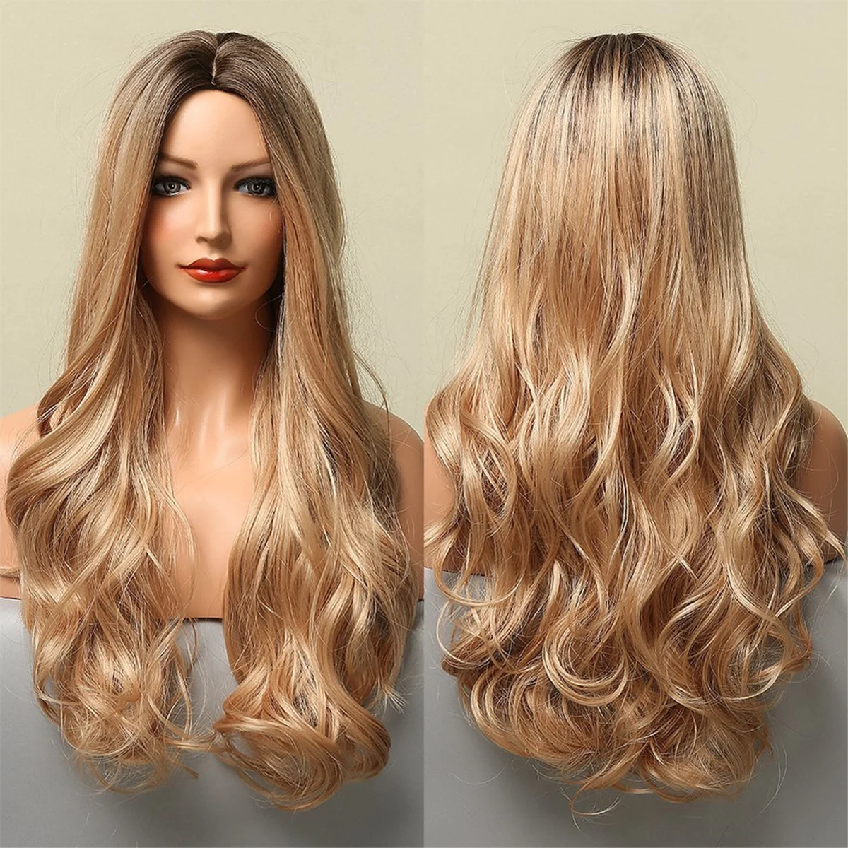 Synthetic Dark Wig Gradient Gold Long Wave Wigs for Women Hair Wig Resistant Party Daily Natural Use