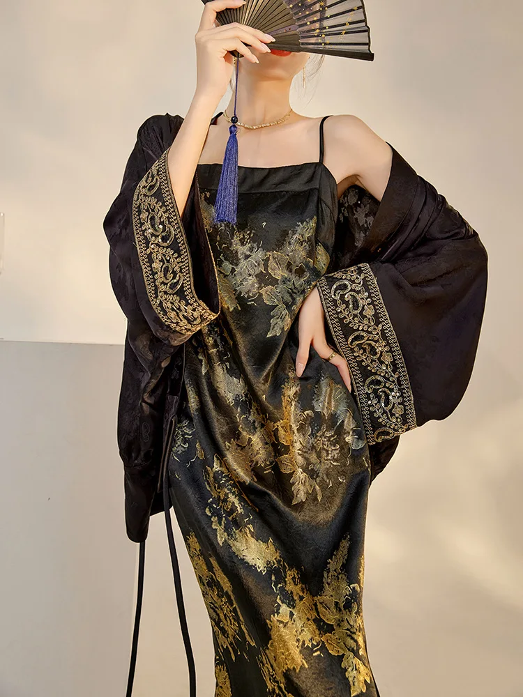 Summer New Chinese style Light Luxury temperament Printed Shirt Retro Strap Skirt Set for Women