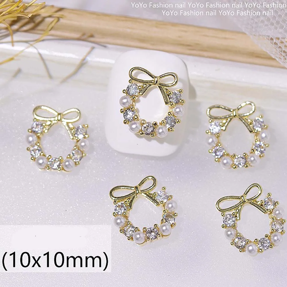 Boże Narodzenie 10*11mm girlanda Bowknot perła 3D Charms do paznokci 10 szt. Wieniec z cyrkonią kryształowa girlanda zdobienie paznokci dekoracje DIY Manicure Jewe