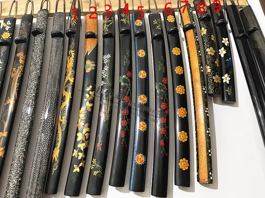 36cm/56cm Japanese Katana Wakizashi Sword, Curved/Bent Handdrawn Pattern Painted Lacquered Saya Scabbard + Buffalo Horn