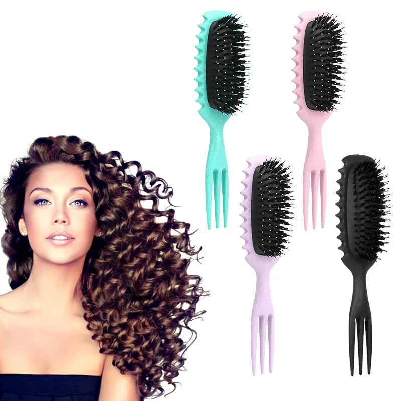 Anti Static Comb Curl Defining Styling Brush 3 Prong Wide Teeth Air Cushion Massage Brush for Home Salon Curly Hair Wet Dry Use