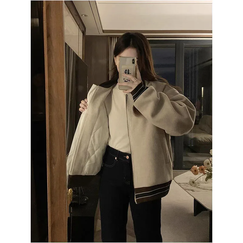 

American Woolen Women's Retro Coat 2025 Autumn Winter Female New Thick Jacket Baseball Uniform Blouse Loose Zipper Overwear
