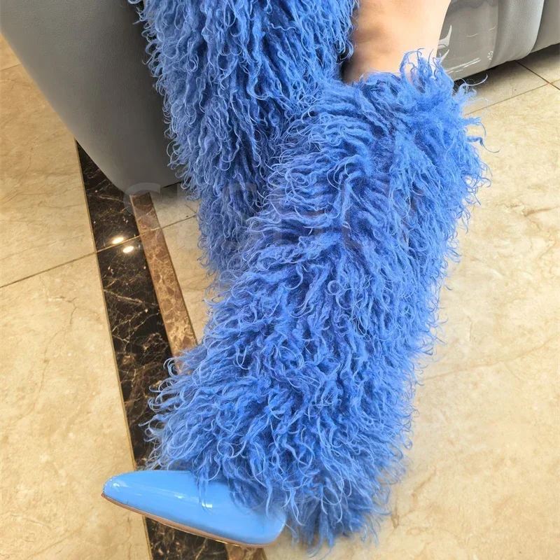 Fashion Candy Colored Plush Knee High Boots Sexy Orange Purple Winter Pointed High-heel Boots 35-43 Magazine Model Women's Shoes image 3