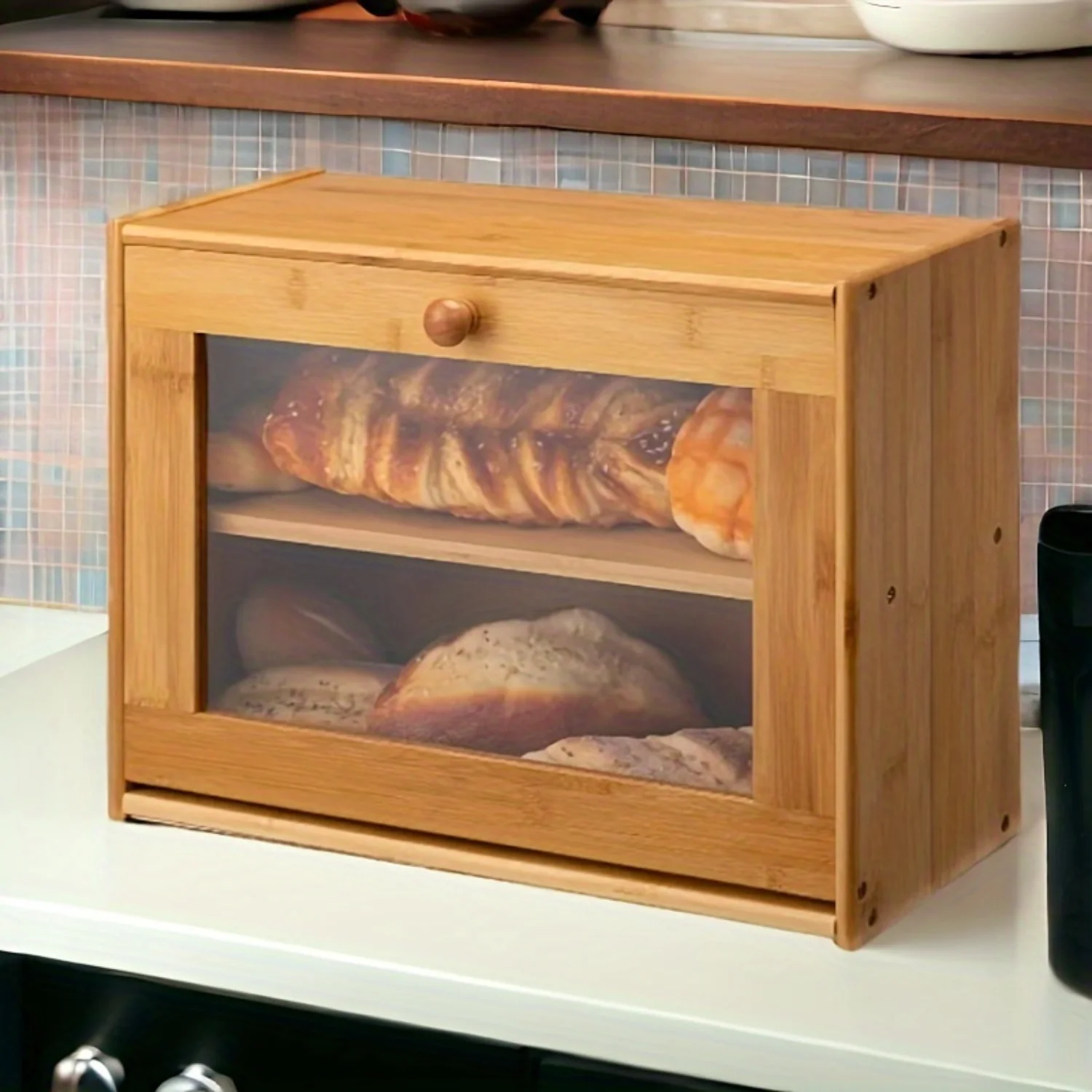 

Large Bamboo Bread Box - Leak-Proof Design with Transparent Window, Double-Layer, Secure Lid - Ideal for Kitchen Countertops, Ba