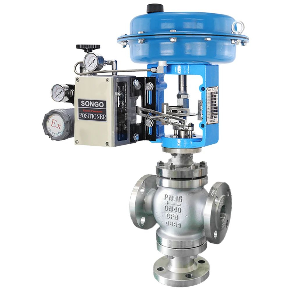 Diffluence type SS304 3way Pneumatic Diaphragm steam Control Valve Modulating Valve flange end Regulating pneumatic globe Valve