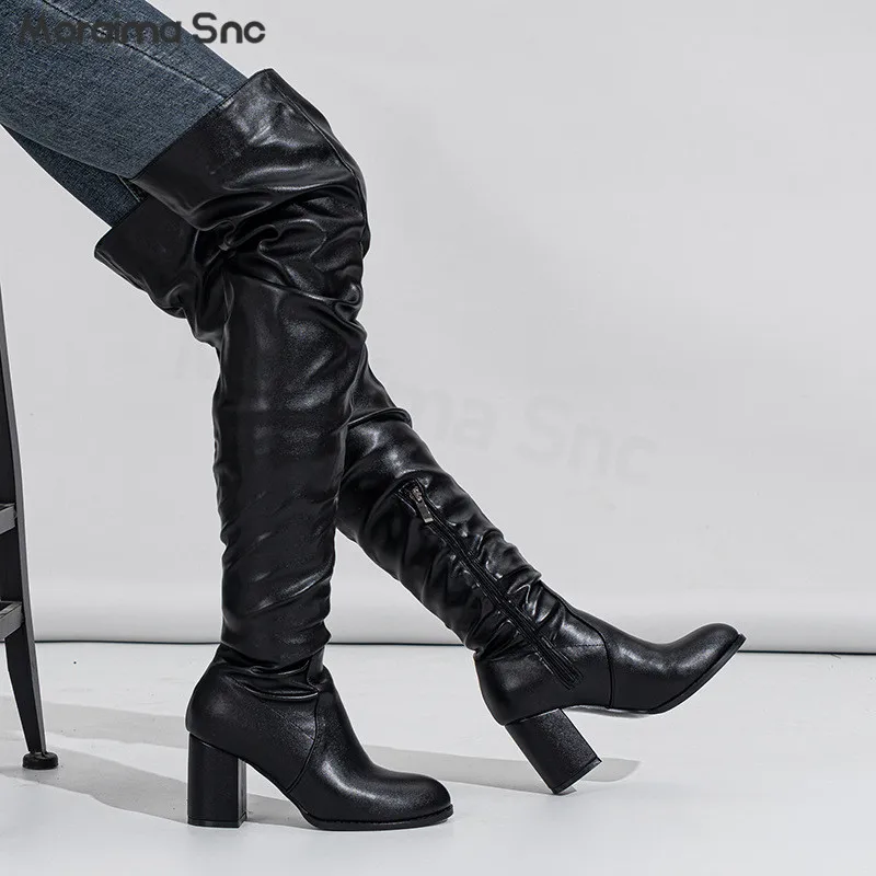 

New Black Over-The-Knee Elastic Boots Round Toe Chunky Heel High Heel Fashion Large Size Casual Daily Commuting Women's Boots