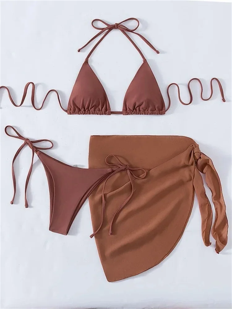 Sexy Solid Brown bikini Set donna Ribbed Halter Push Up Mesh gonna costume da bagno 2024 Mujer costume da bagno brasiliano Cover Up Swimwear