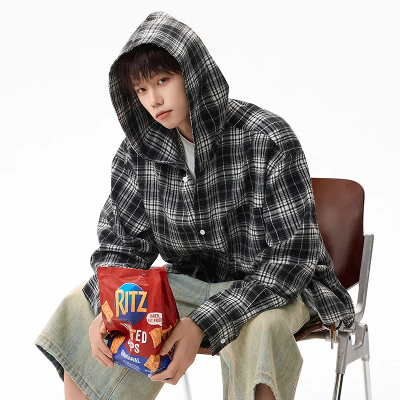 Korean Style Men's Long-sleeved Shirts Hooded Plaid Shirts Oversize Blouses Breathable Loose Shirt Harajuku Male Clothes