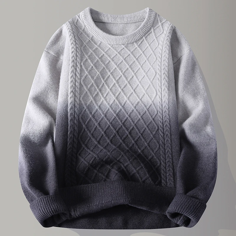 

Мужской вязаный свитер с градиентным цветом, свободный крой, повседневный стиль, длинный рукав, круглый вырез, мягкий полиэстер, смесовая ткань.