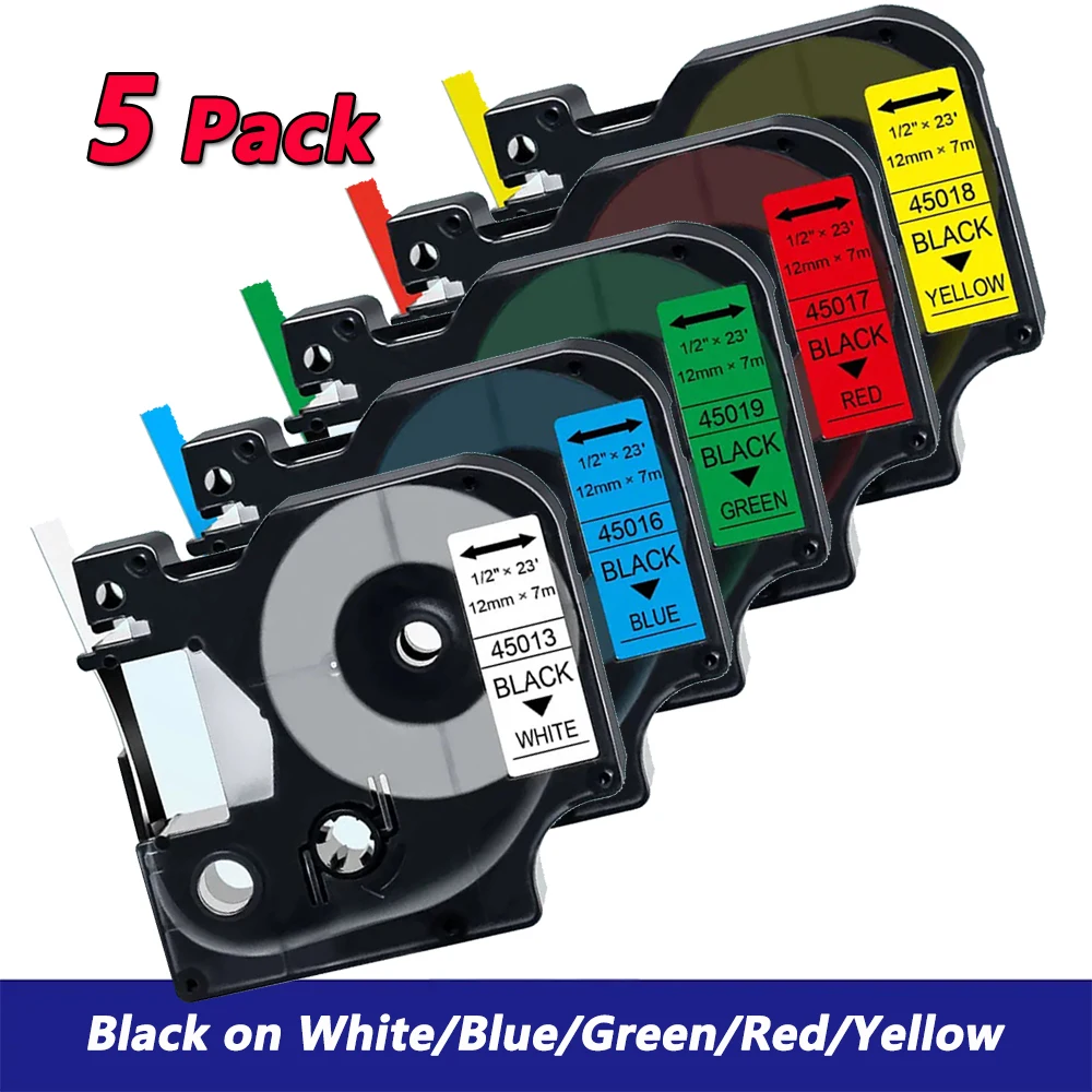 5PACK 45013 12mm D1 Tape Replace for Dymo D1 Label Tape 45013 45010 45018 45024 for Dymo LabelManager LM160 280 Label Printer