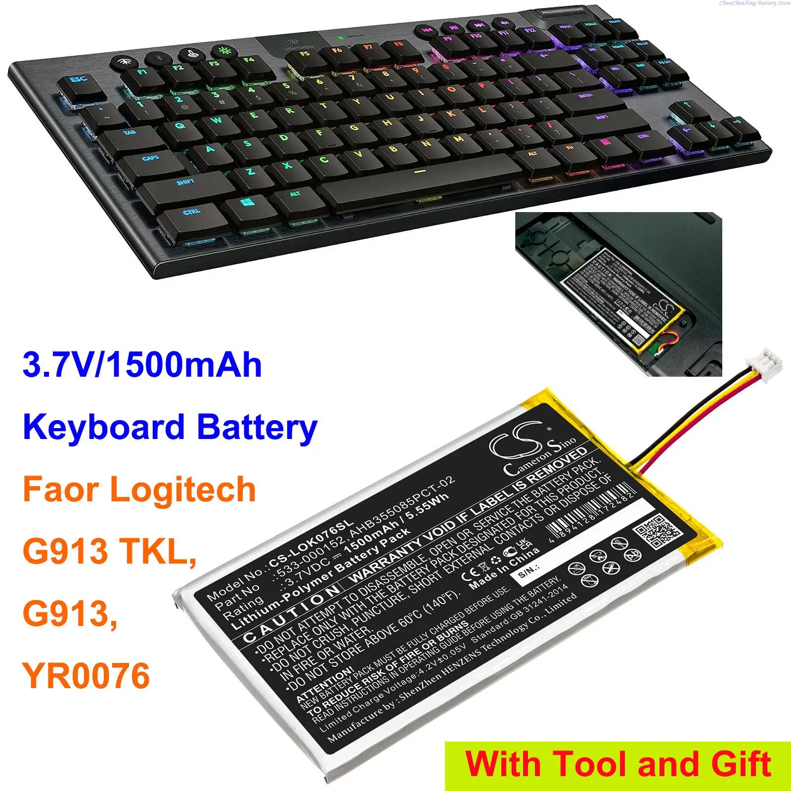 

Cameron Sino 1500mAh Keyboard Battery 533-000152, AHB355085PCT-02, L/N: 2012 for Logitech G913 TKL, G913, YR0076