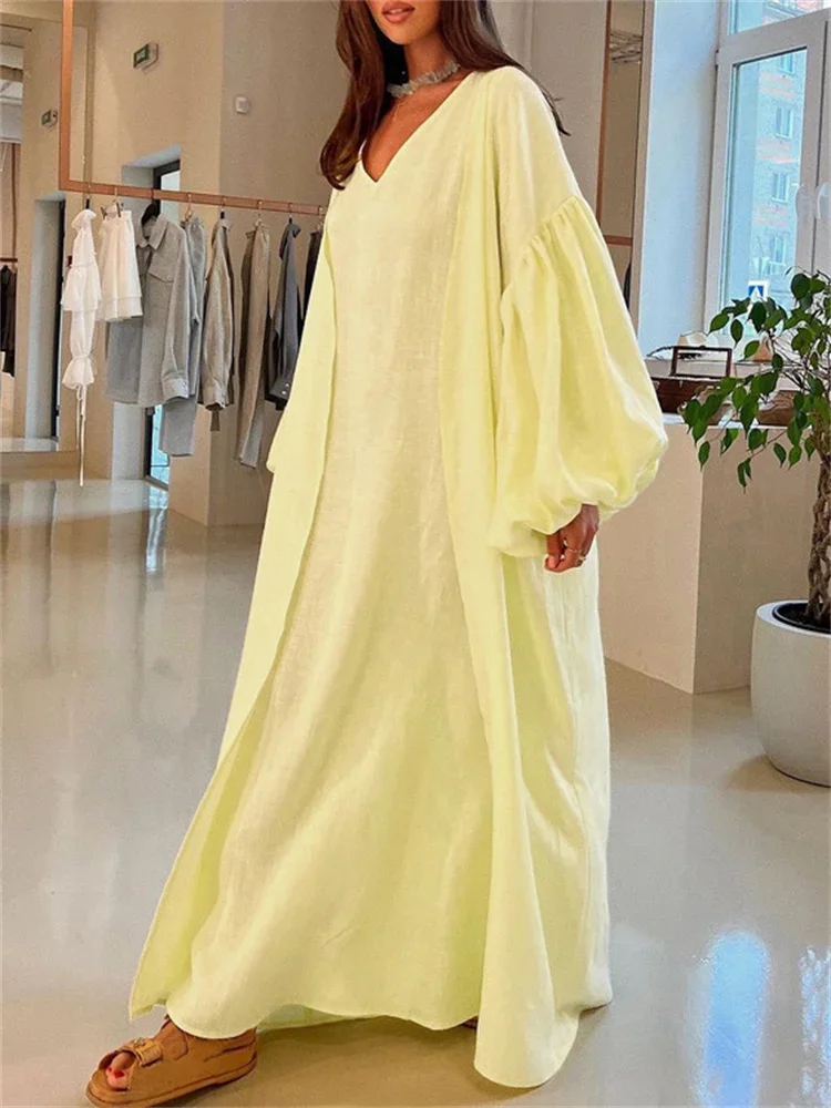 

Loose 2 Piece-Set Long Dress Cover up Clothes For Women Casual V-Neck Solid High Waist Beach Holiday Maxi Dress Outfits