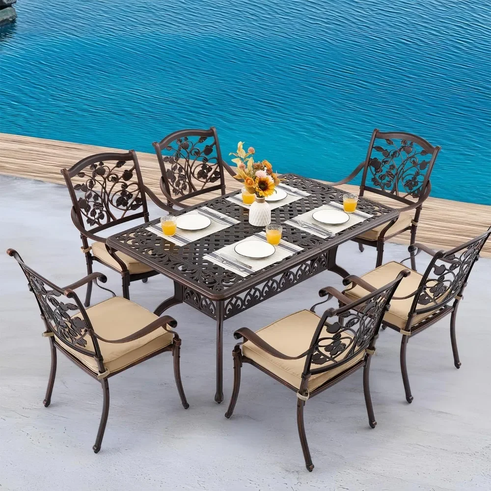 7 Piece Strawberry Outdoor Dining Set Cast Aluminum Retro Patio Dining Set for 6 includes  Rectangular Table and 6 Chairs with