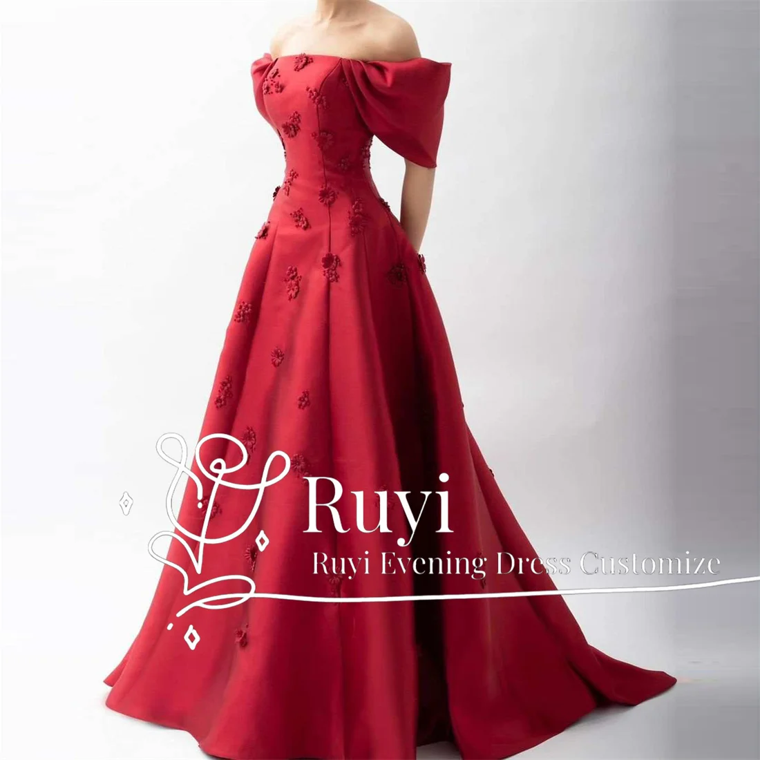 

Customized Sweet Dark Red 3D Flowers Beaded Evening Dresses For Special Occasion Satin Off Shoulder Long Evening Dress