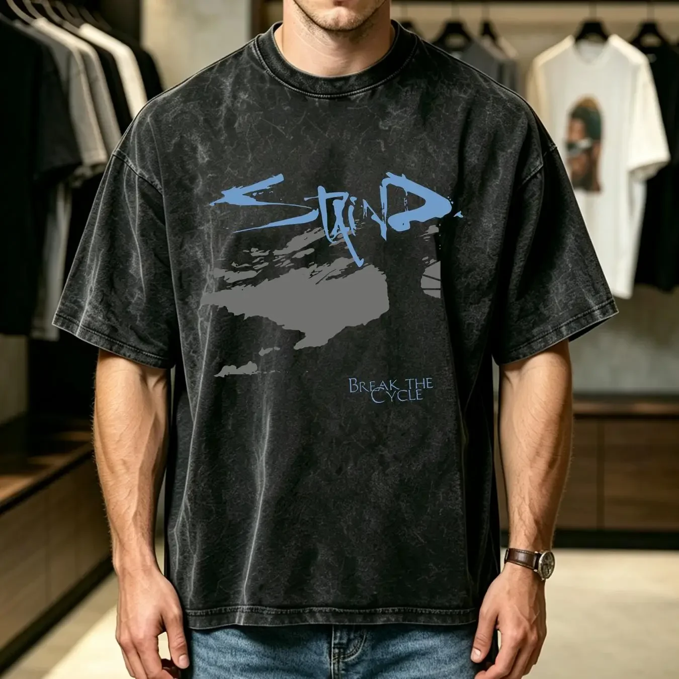 washed T Shirt Staind Break The Cycle Charcoal Grey long or short sleeves vintage Washed Casual designer clothes streetwear