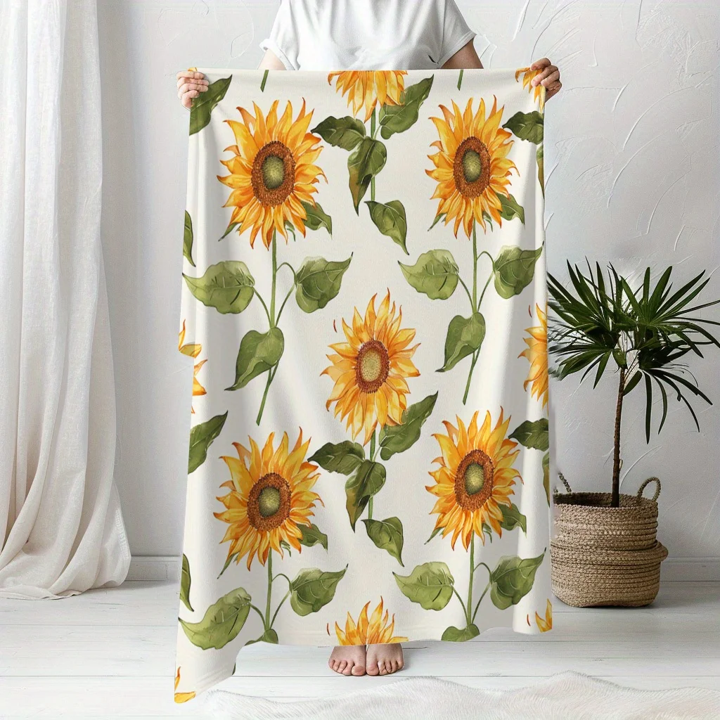 Cozy Sunflower Print Flannel Blanket - Soft, Warm & Versatile for Naps, Camping, Travel & Home Decor - Perfect Gift for Friends