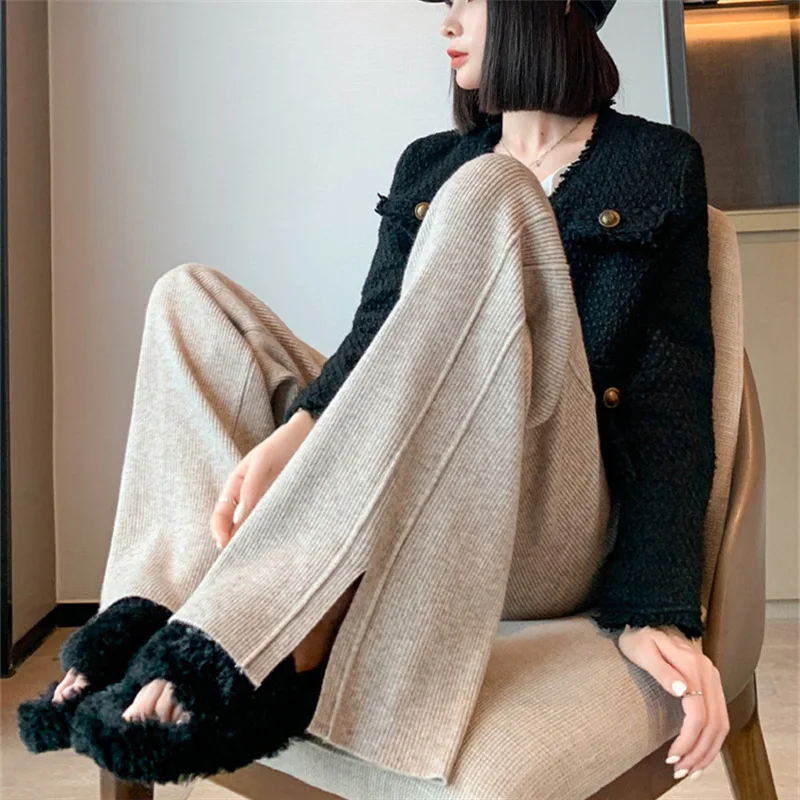 

2024 New Drape High-waist Wide-leg Autumn and Winter Fashion Loose Knit Straight-leg Pants Side Slit Lace-up Casual Women LJ255