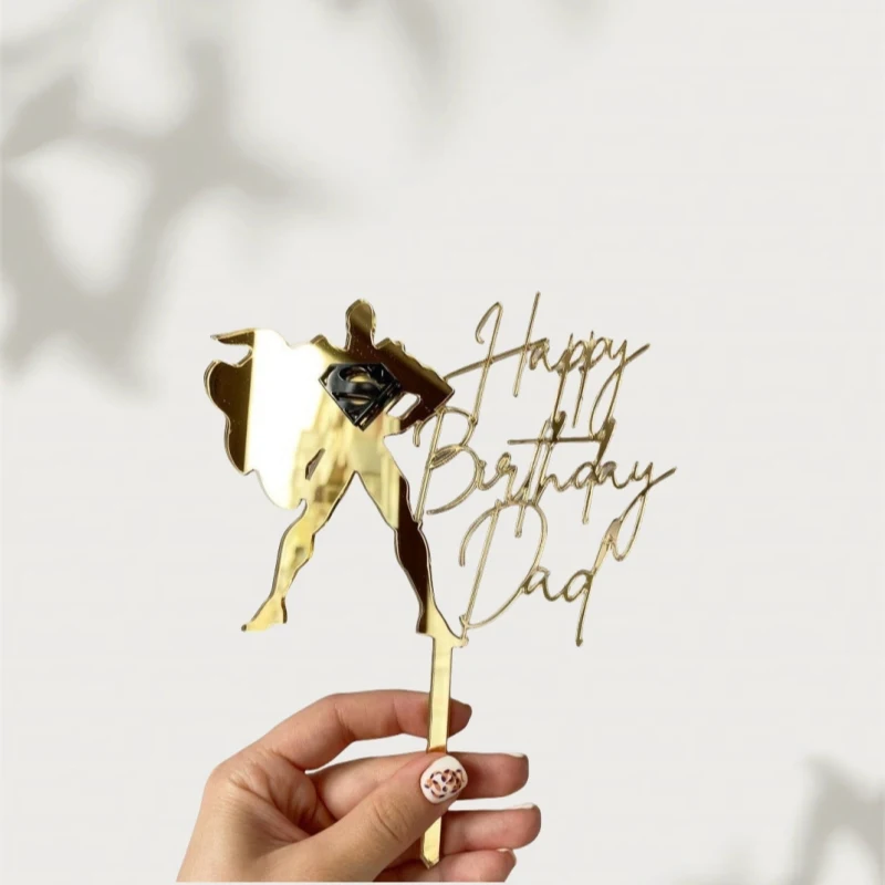 New Super DAD Birthday Cake Topper Decoration Cartoon Gold Black Acrylic Father's Day Party Cake Topper Gift Baking Supplies