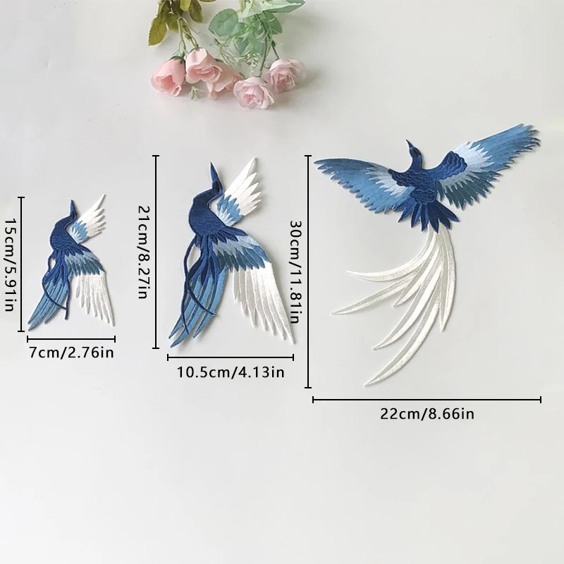 1pc Blue Phoenix Embroidery Patch Chinese Style Animal Embroidered Cloth Applique DIY Cheongsam Clothes Adhesive Decor Accessory