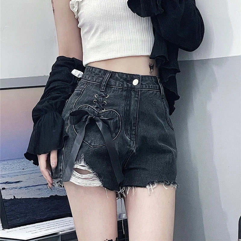 High Waist Women Denim Shorts Summer Fashion Bow Loose Shorts Korean Casual Female Streetwear All Match Ripped Pants