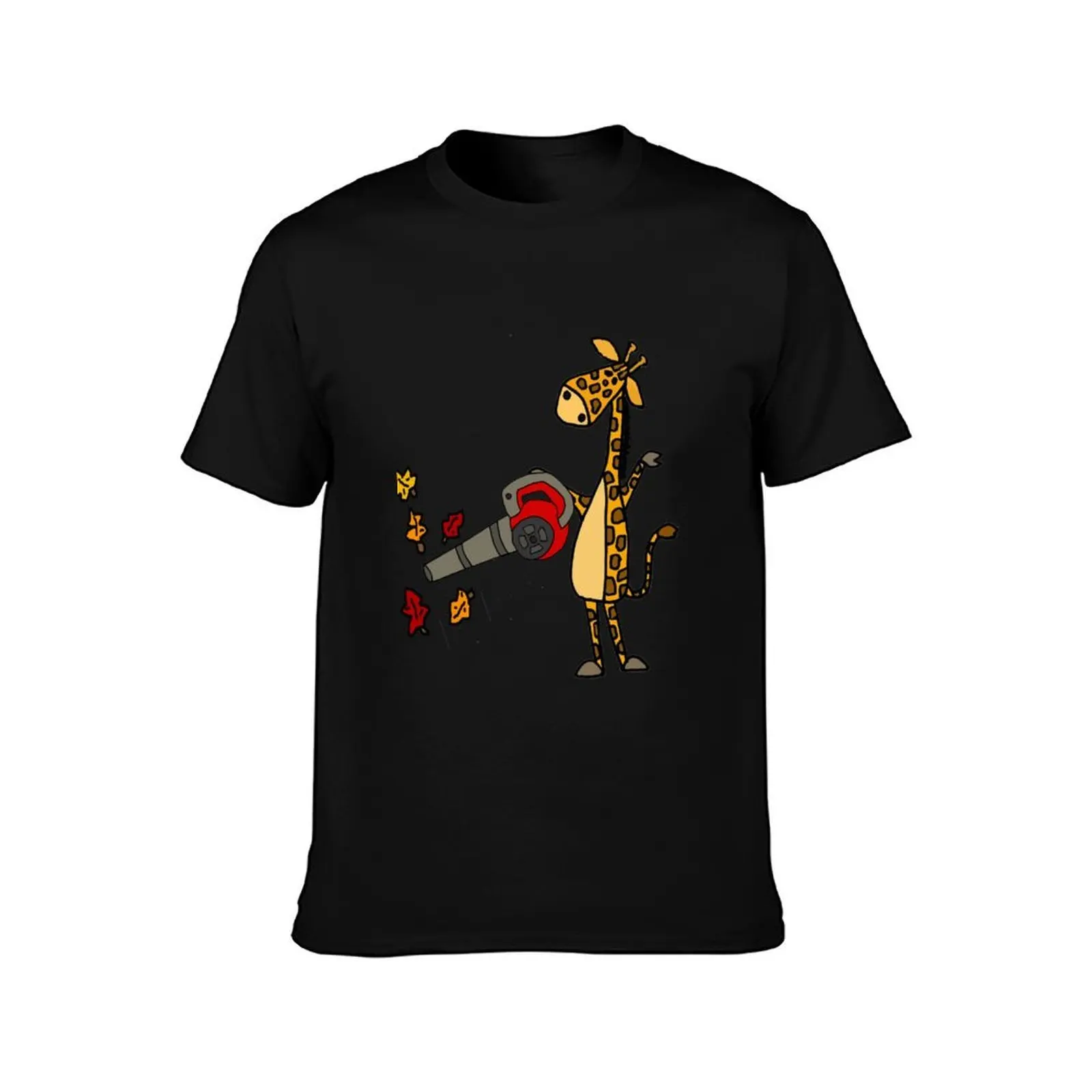 Funny Giraffe using Leaf Blower T-Shirt, Summer Casual Cotton Tee, Oversized Streetwear Tops, Vintage Graphic Print, 100% Cotton