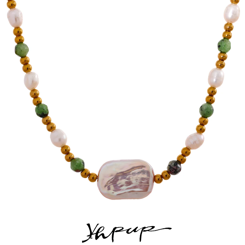 Yhpup Luxury Natural Green Stone Baroque Freshwater Pearls Handmade Delicate Collar Fashion Necklace Women Bohemian Jewelry Gift