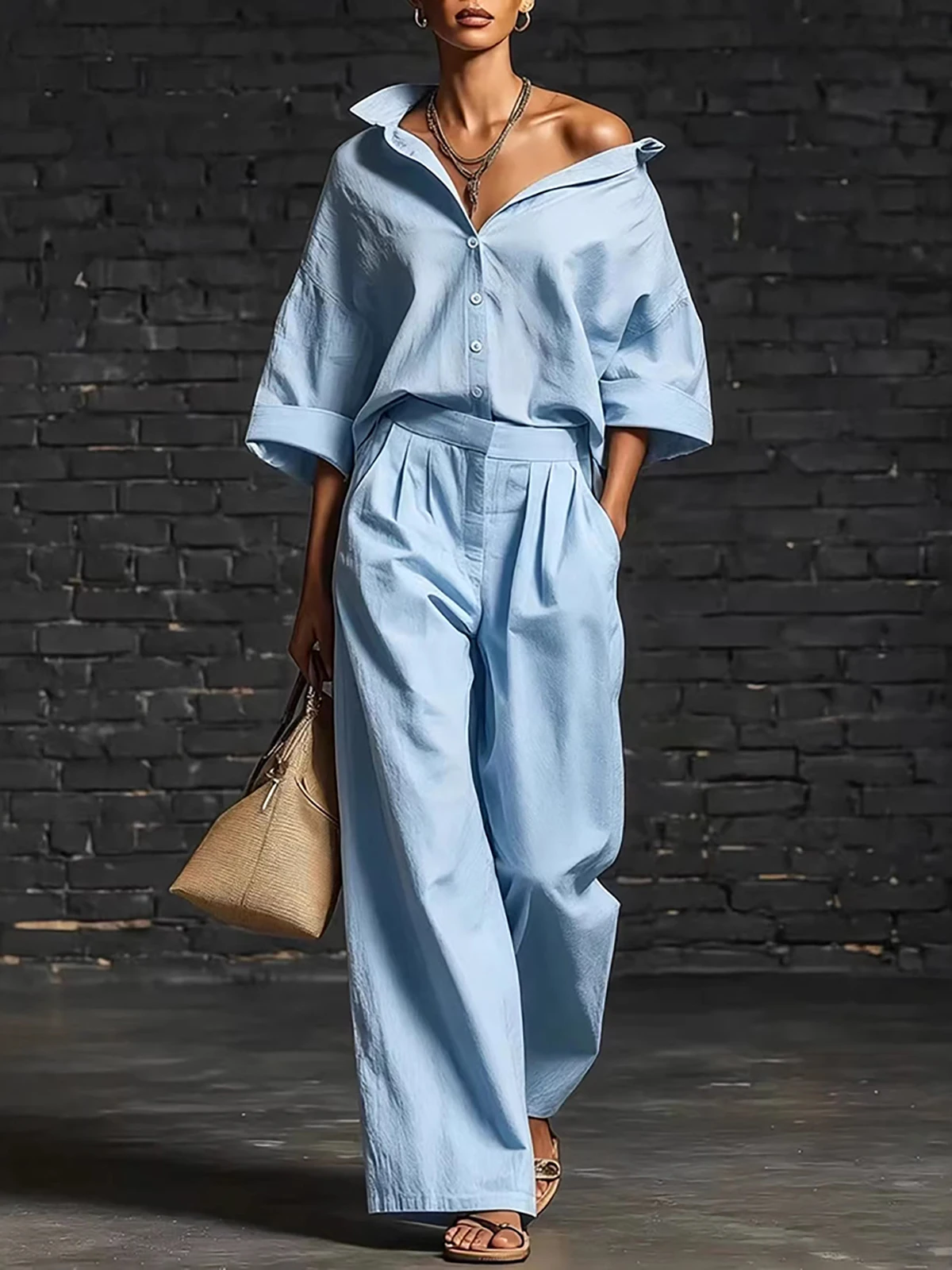 Damen-Set aus Kunstleinen: Elegantes, übergroßes Hemd mit 3/4-Ärmeln und lässige Bluse mit weitem Bein – Alltags-Set – Detail 2