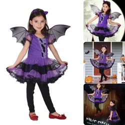 Kids Girls Purple Bat Vampire Princess Dress Fancy Cosplay Costume Witch Clothes with Wing Halloween Role Play abbigliamento