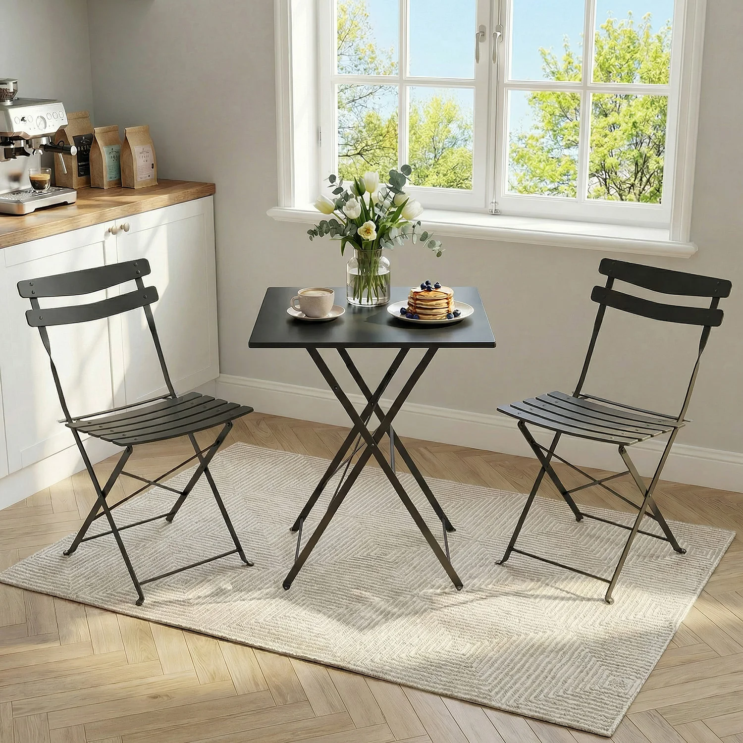 Folding 3-Piece Outdoor Bistro Set, Square Metal Patio Table with 2 Chairs - No Assembly - Weather-Resistant Rustproof Finish - Space-Saving Collapsible for Balcony/Porch/Yard/Garden