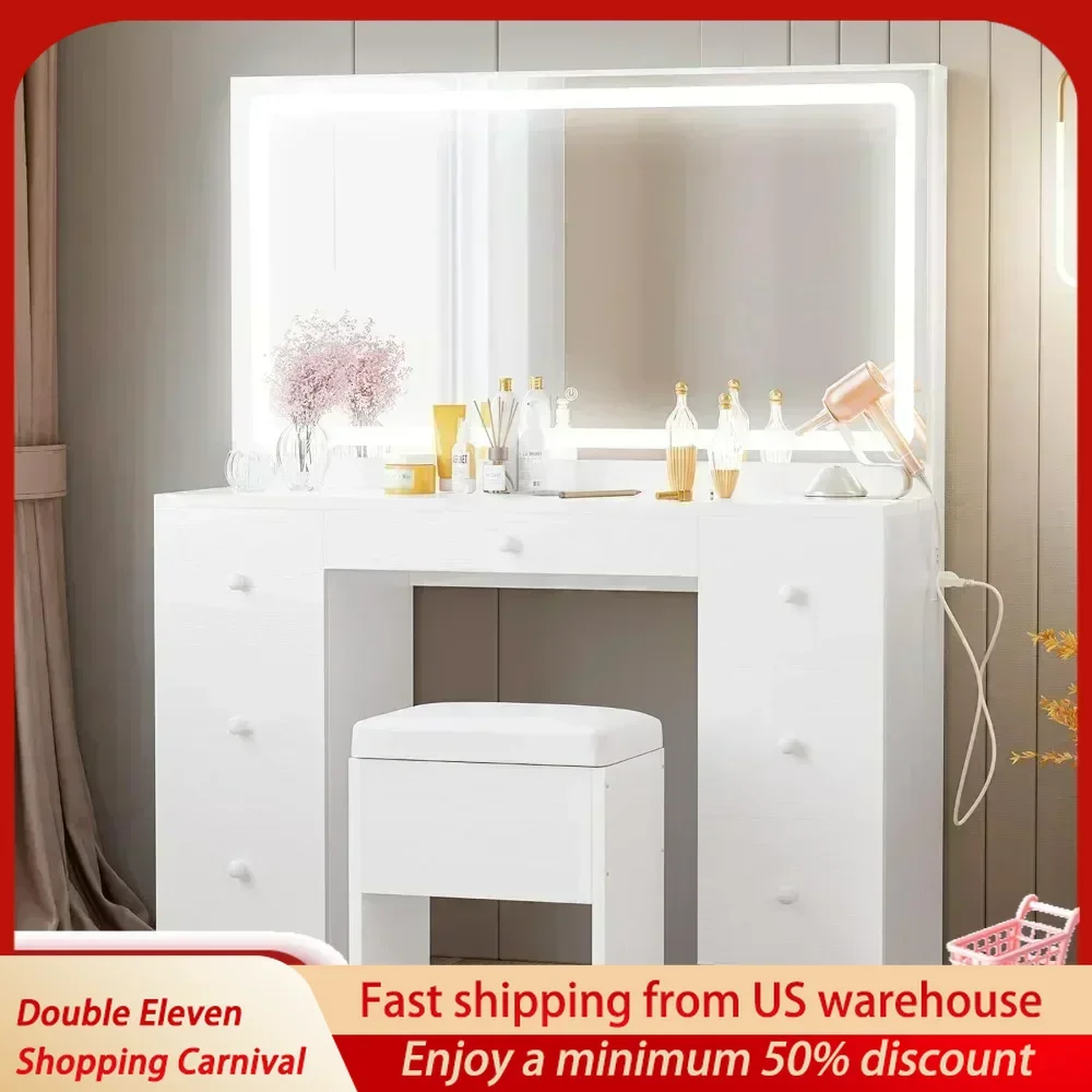 Vanity Desk Set with LED Lighted Mirror & Power Outlet, Makeup Vanities Dressing Table  for Bedroom with Stool 7 Drawers