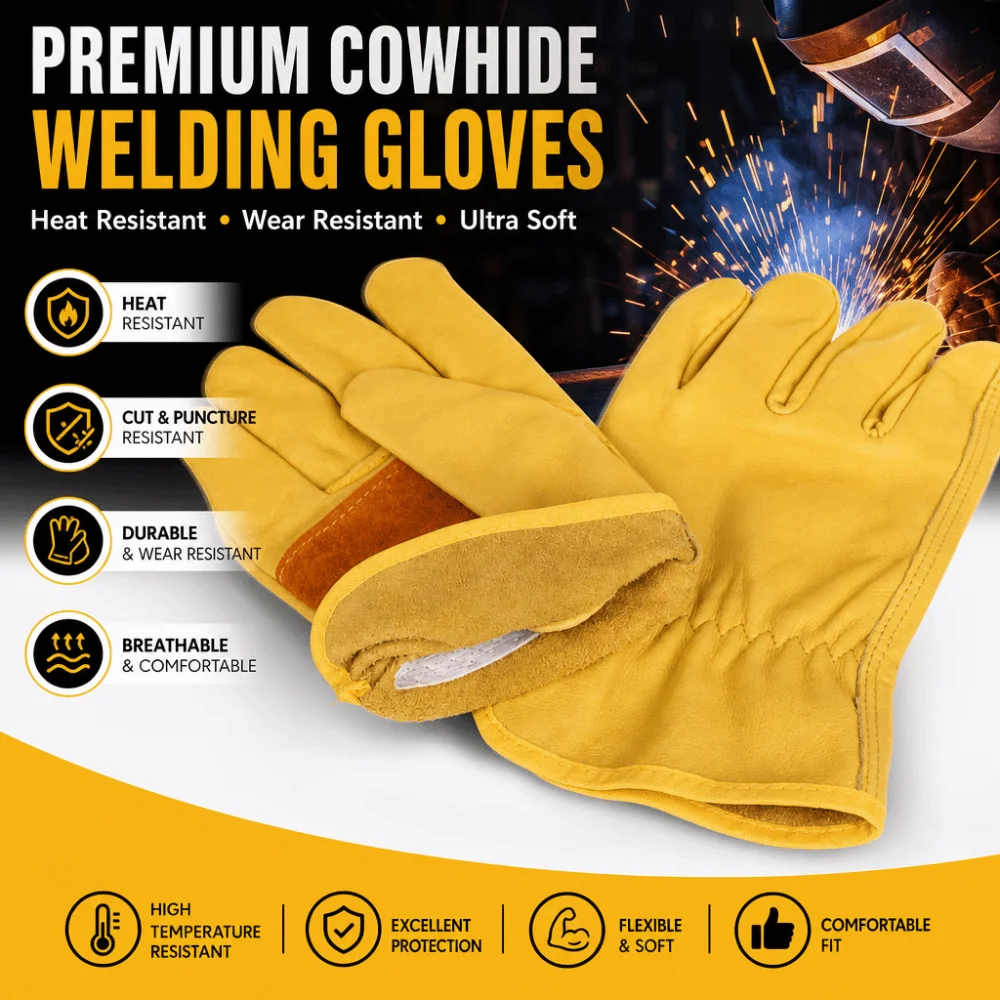 Flex Grip Leather Work Gloves Stretchable Wrist Insulated Welding Protection Gloves Wear-Resistant Soft Cowhide Working Glove