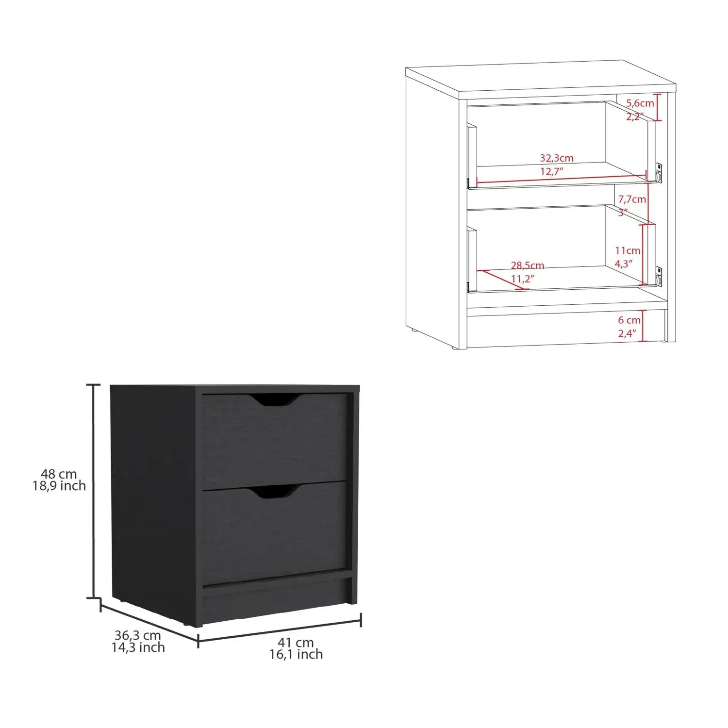 Basilea 2 Drawers Nightstand, Pull Out System Black