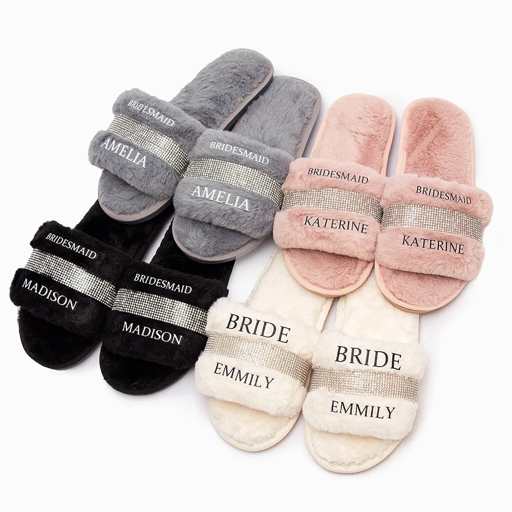 

Personalized Rhinestone Cozy Fluffy Slippers Custom Wedding Bachelorette Party Slippers Bridal Shower Slippers Bridesmaid Gifts
