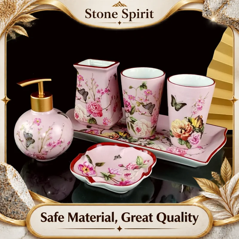 【Premium】Pink Rose Pattern Bathroom Accessories Set Ceramic Toothbrush Holder Soap Dispenser Soap Dish Bathroom Cup Wedding Gift
