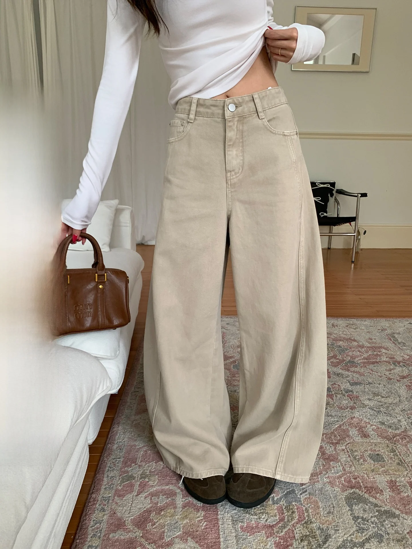 Khaki Washed Cotton Straight Leg Casual Pants Women's High Waist Loose Fit Small Size Versatile Long Trousers Autumn New Style