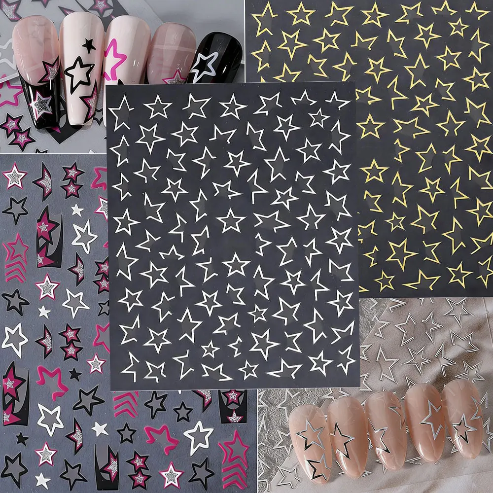 1Pcs Irregular Star Nail Art Stickers Hollow Gold Silver Black Pink Pentagram Nail Decals Self-Adhesive Y2K Manicure Decorations