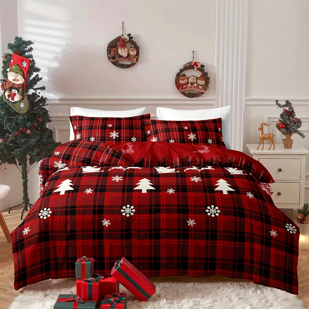 3-Piece Christmas-Themed Duvet Cover Set - Soft, Breathable, and Hypoallergenic Fabric - Checkered Elk Snowflake Print Design, P