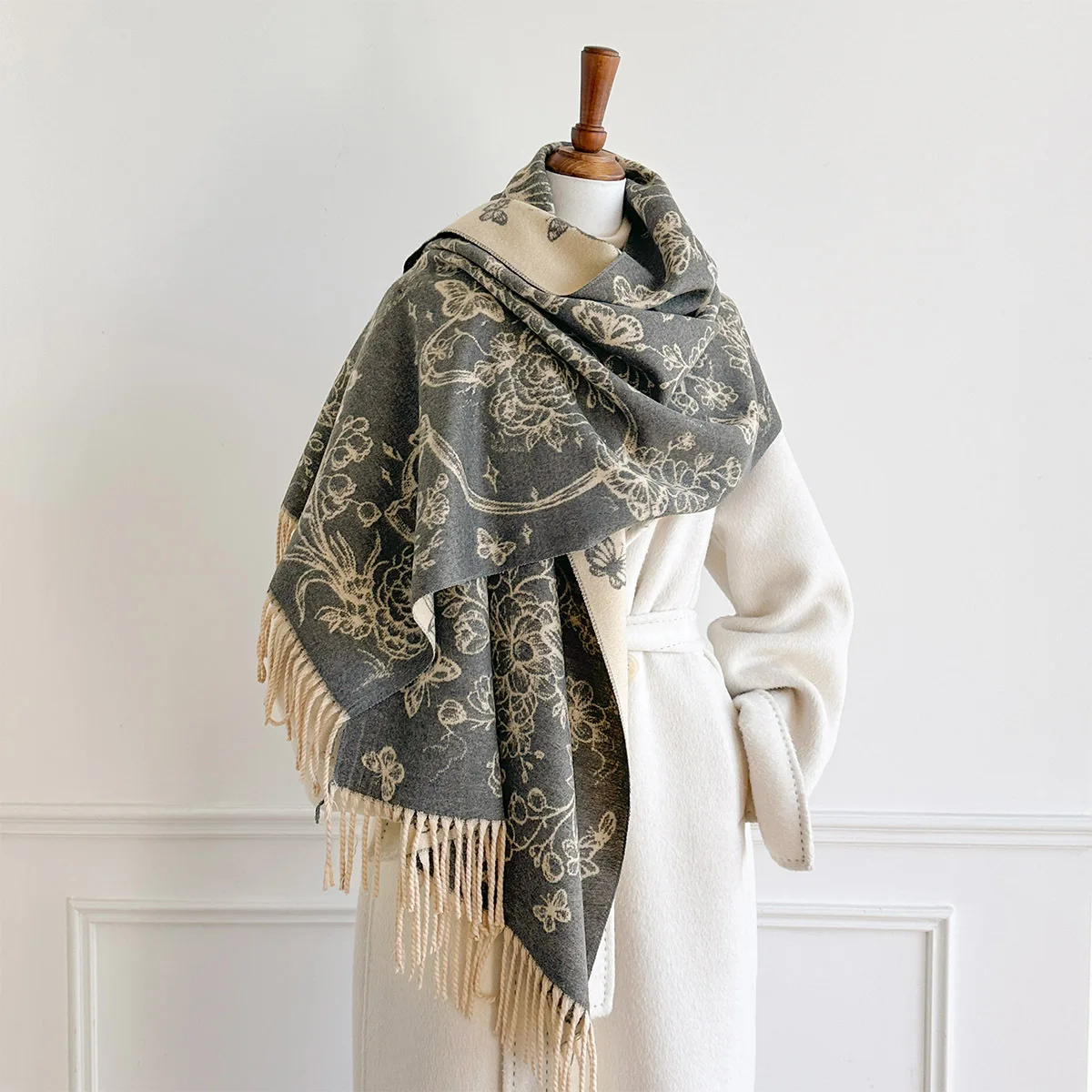Fashion Large Faux Cashmere Blanket Scarf Classic Vintage Butterfly Floral Art Print Reversible Womens Soft Warm Wrap Shawl