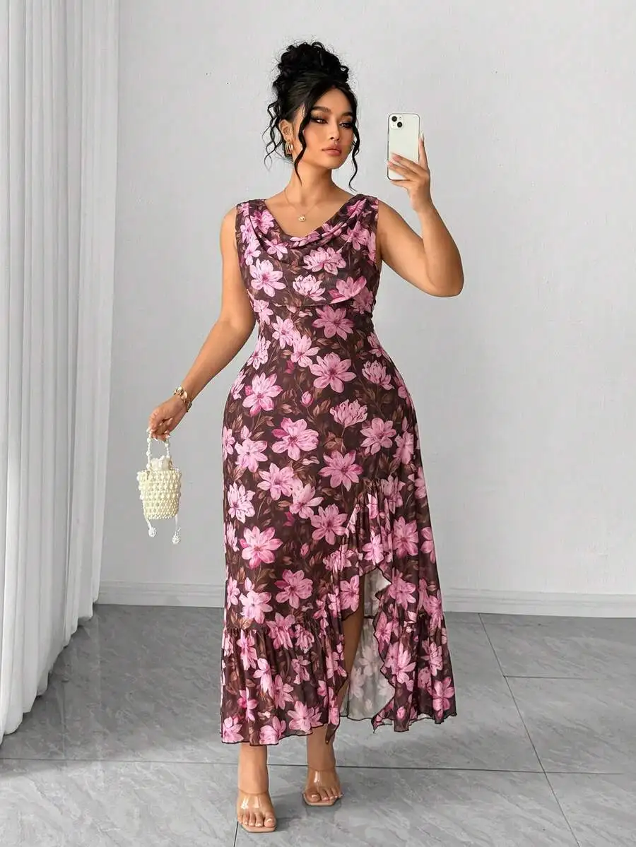 

Plus Size Floral Mesh Slip Dress With Plunging Neckline Sleeveless Ruched Slit Ruffle Design