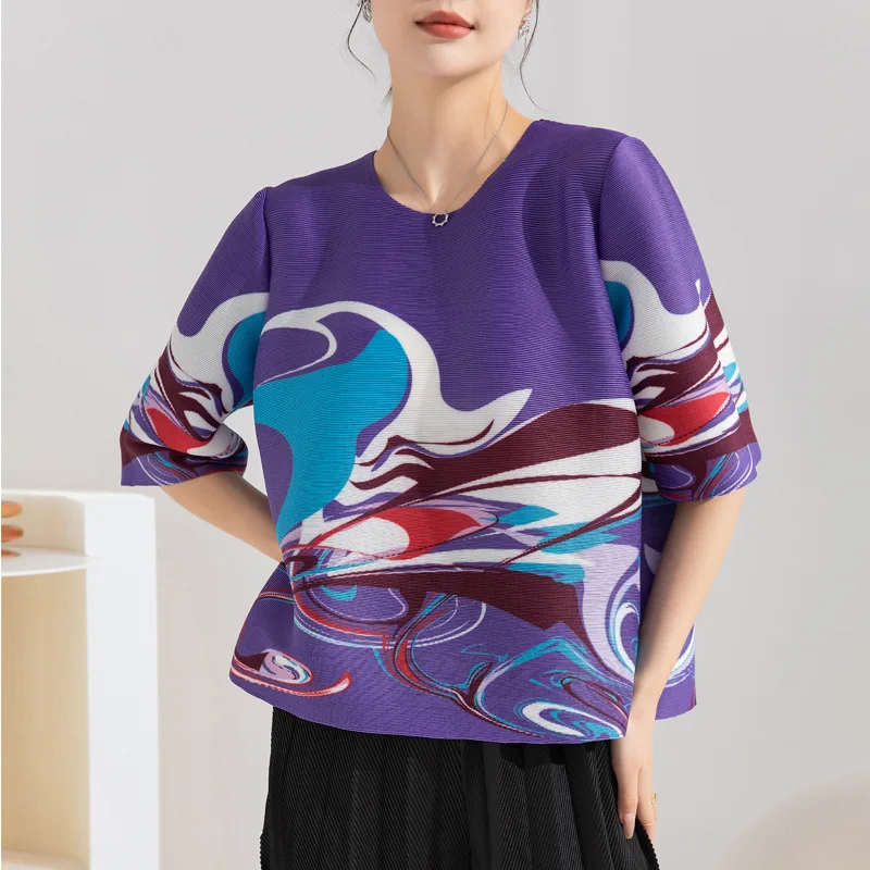 MIYAKE Pleated Style Large Pullover Round Neck Top Spring/Summer New Print Loose and Slim Folding Short T-shirt [20221091]